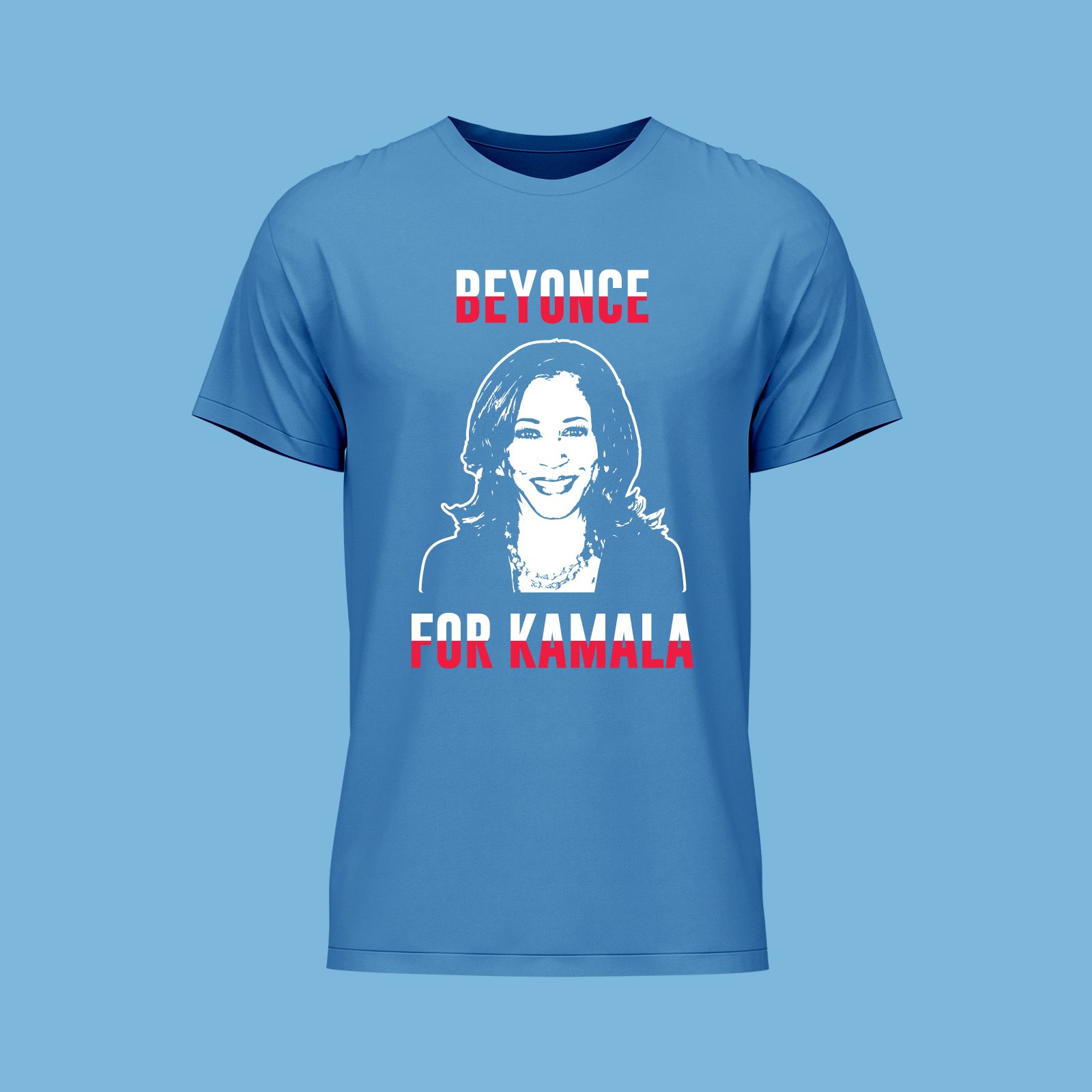 BLUE FRONT VIEW T-SHIRT BLUE & RED TEXT & WHITE KAMALA VECTOR BEYONCE FOR KAMALA 1