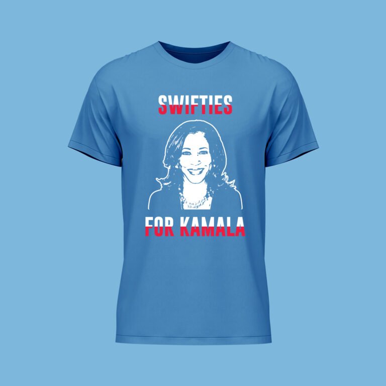 BLUE FRONT VIEW T-SHIRT WHITE & RED TEXT & WHITE KAMALA VECTOR SWIFTIES FOR KAMALA 2