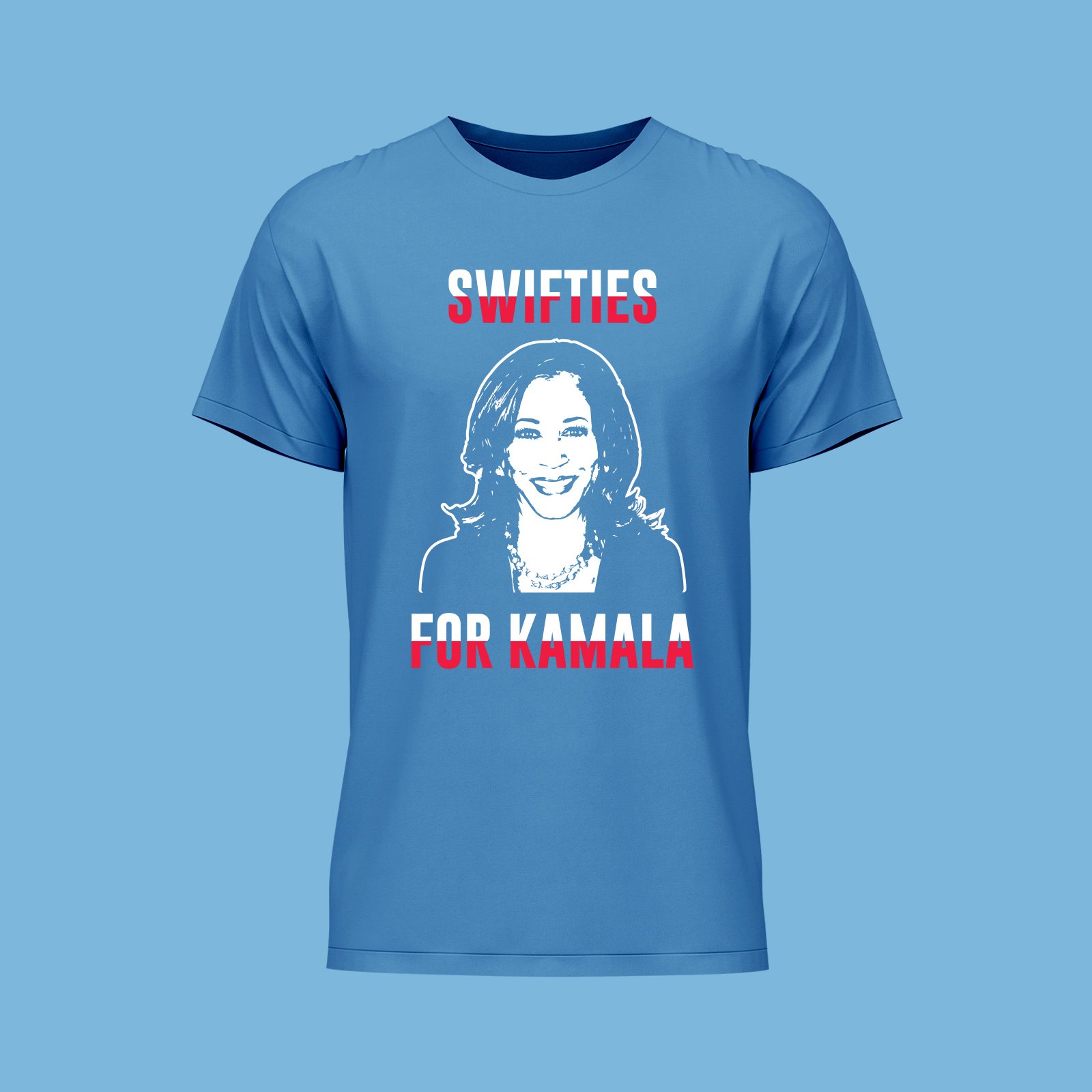 BLUE FRONT VIEW T-SHIRT WHITE & RED TEXT & WHITE KAMALA VECTOR SWIFTIES FOR KAMALA 2