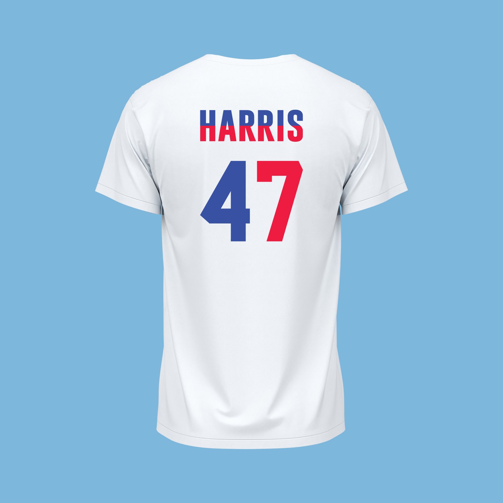 WHITE FRONT VIEW T-SHIRT BLUE & RED TEXT & RED KAMALA VECTOR SWIFTIES FOR KAMALA