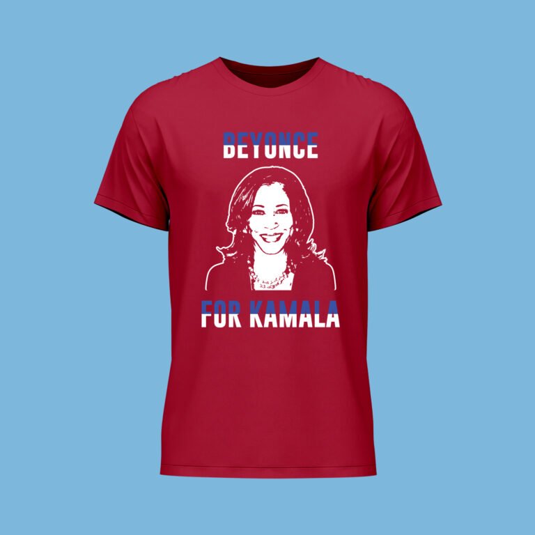 RED FRONT VIEW T-SHIRT BLUE & WHITE TEXT & WHITE KAMALA VECTOR BEYONCE FOR KAMALA 2