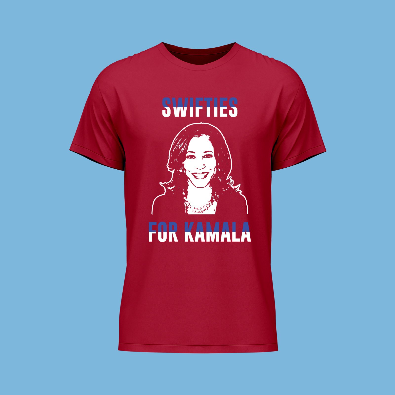 RED FRONT VIEW T-SHIRT WHITE & BLUE TEXT & WHITE KAMALA VECTOR SWIFTIES FOR KAMALA 2