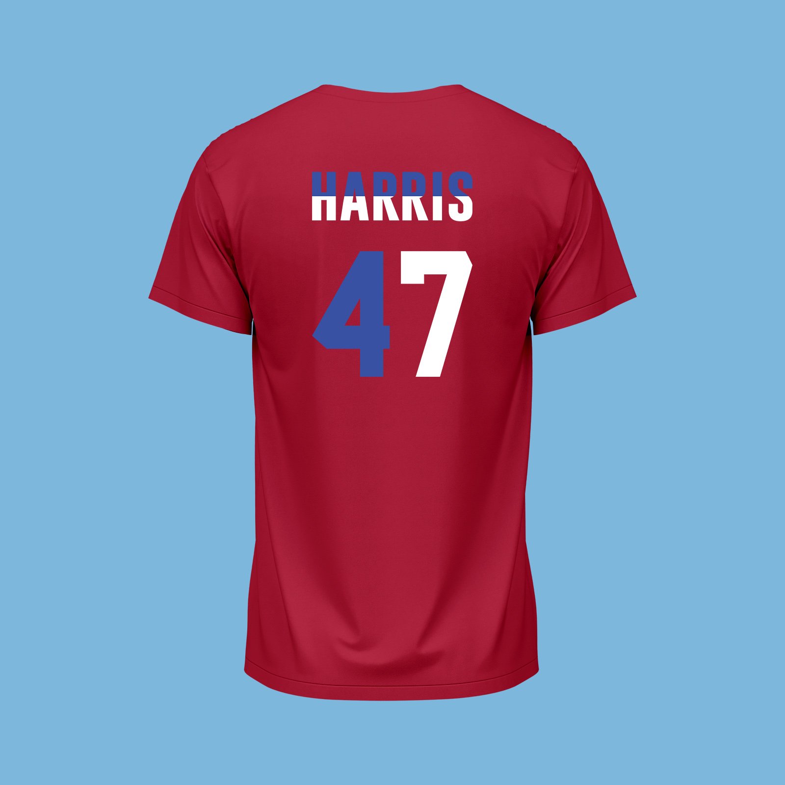 RED FRONT VIEW T-SHIRT WHITE & BLUE TEXT & WHITE KAMALA VECTOR SWIFTIES FOR KAMALA 2