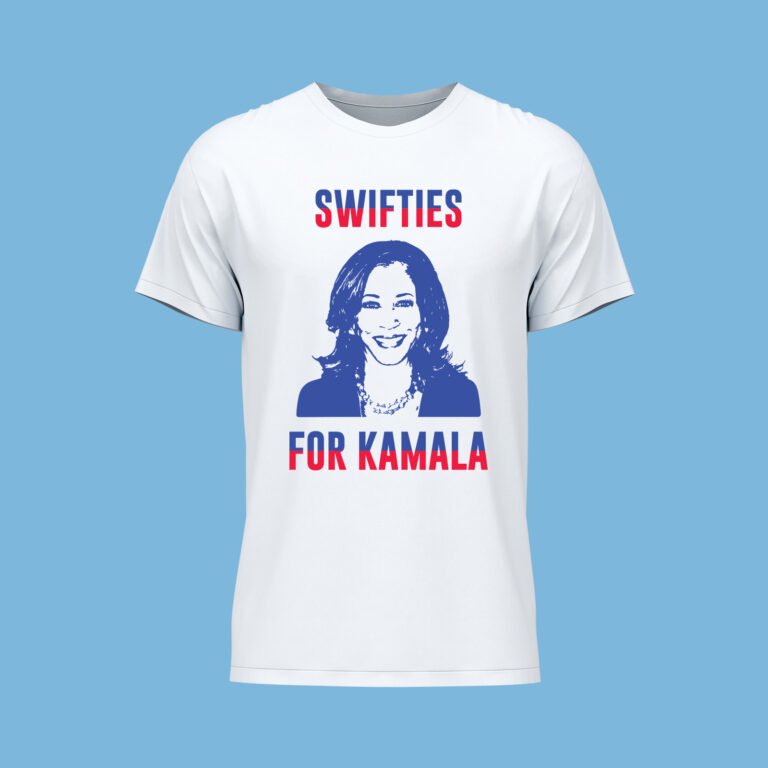 WHITE FRONT VIEW T-SHIRT BLUE & RED TEXT & BLLUE KAMALA VECTOR SWIFTIES FOR KAMALA