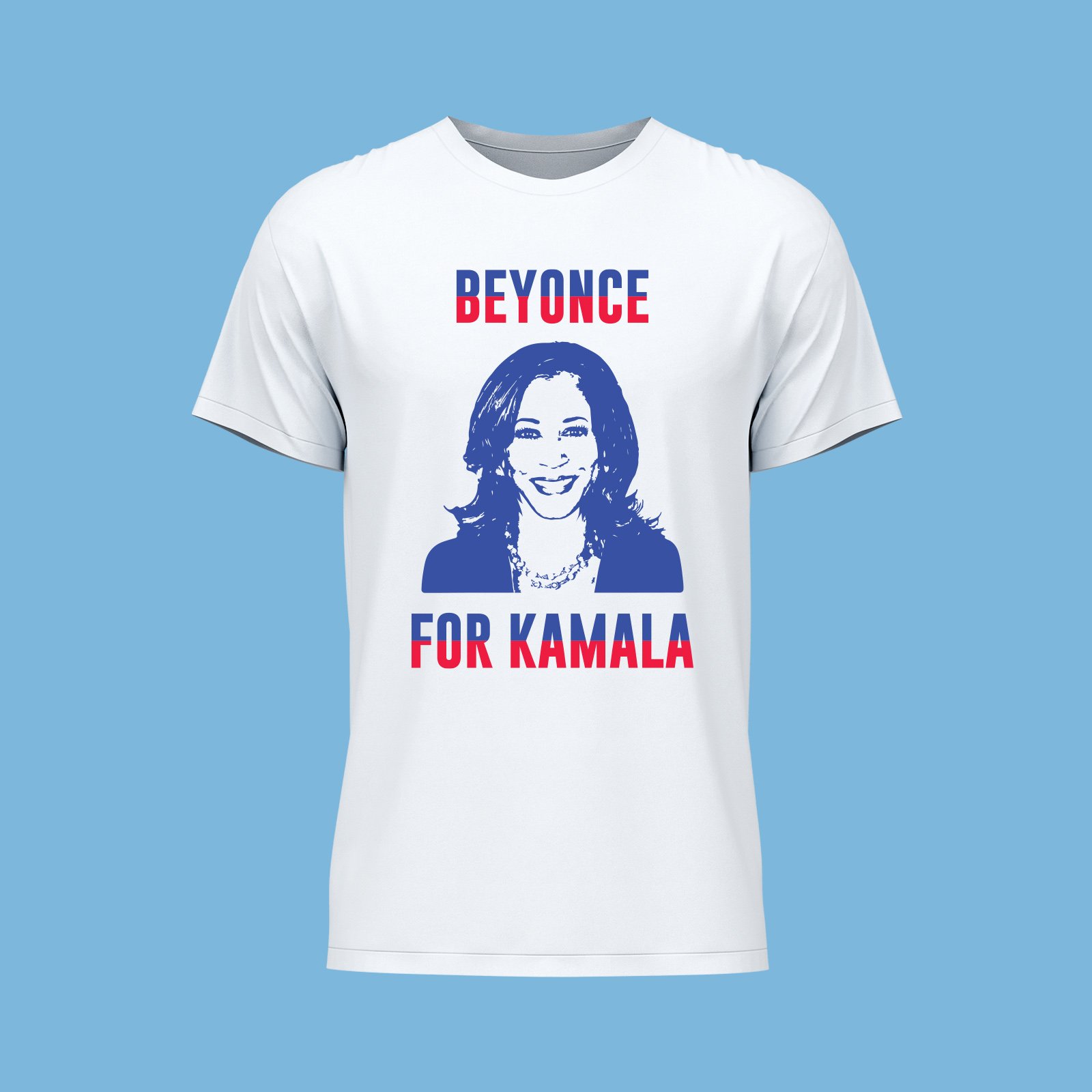 WHITE FRONT VIEW T-SHIRT BLUE & RED TEXT & BLUE KAMALA VECTOR BEYONCE FOR KAMALA