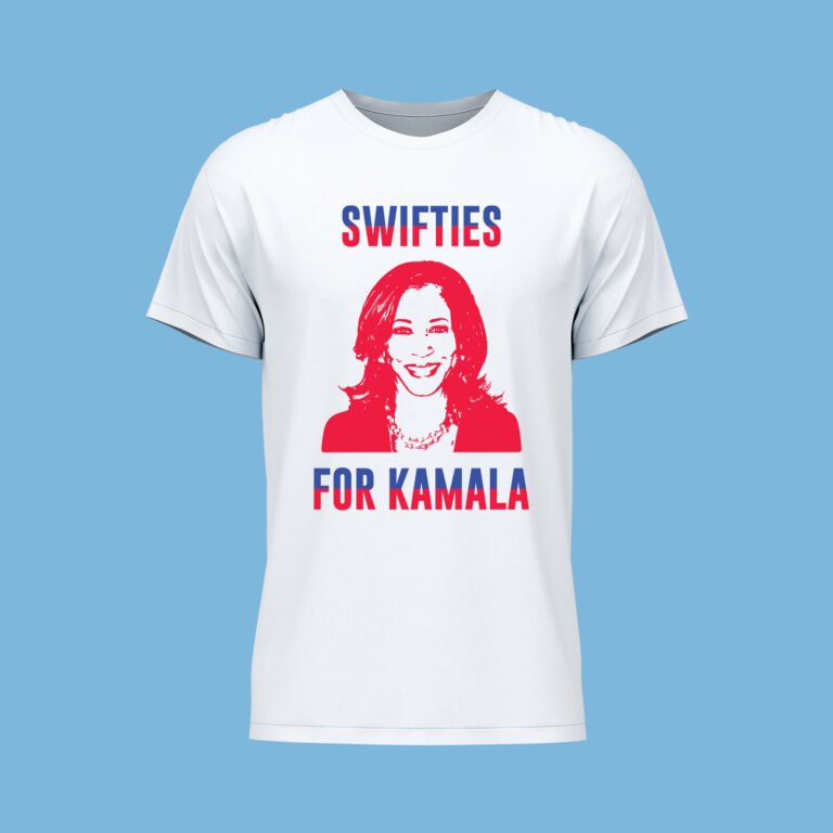 WHITE FRONT VIEW T-SHIRT BLUE & RED TEXT & RED KAMALA VECTOR SWIFTIES FOR KAMALA