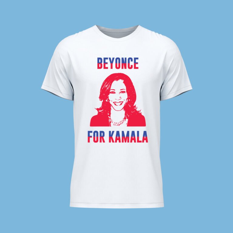 WHITE FRONT VIEW T-SHIRT BLUE & RED TEXT & red KAMALA VECTOR BEYONCE FOR KAMALA