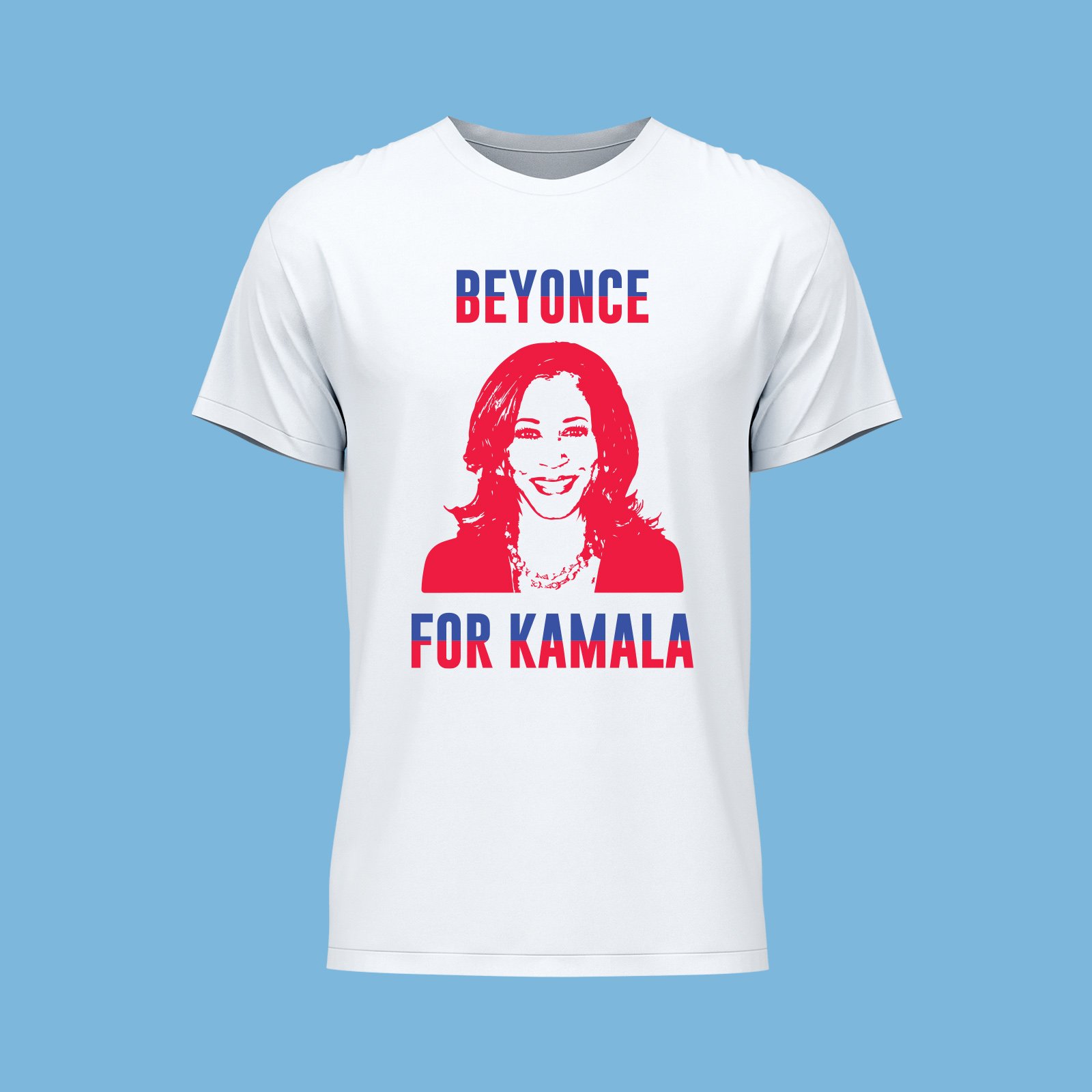 WHITE FRONT VIEW T-SHIRT BLUE & RED TEXT & red KAMALA VECTOR BEYONCE FOR KAMALA